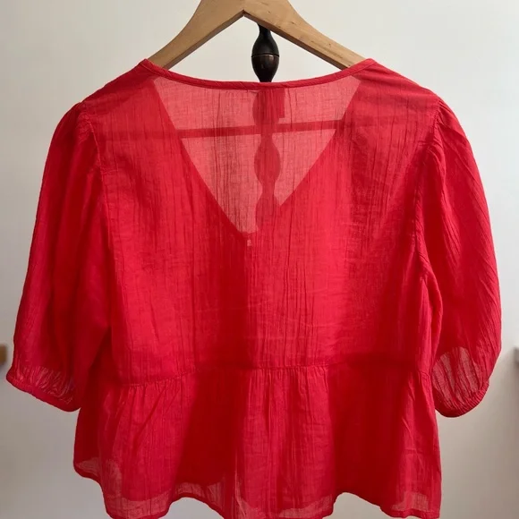 Old Navy Red/Pink V-Neck Embroidered Peplum Blouse - Picture 5 of 5
